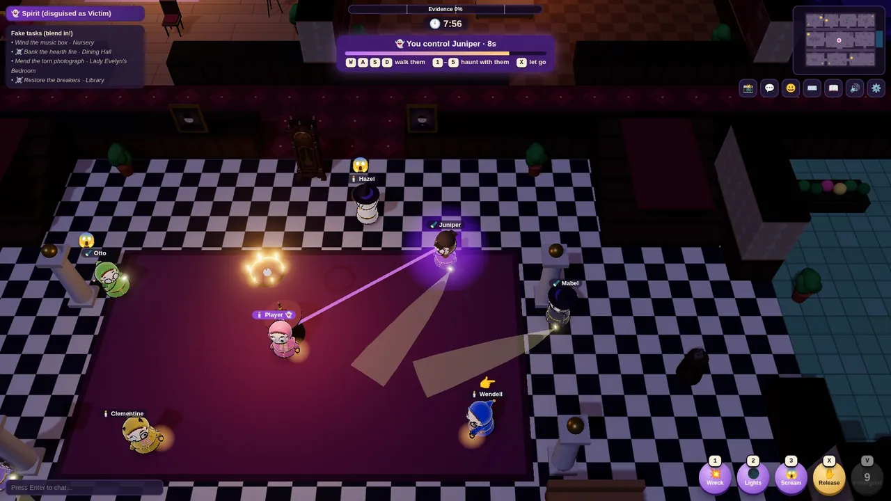 The Spirit possessing another player from across the room, a purple beam linking them