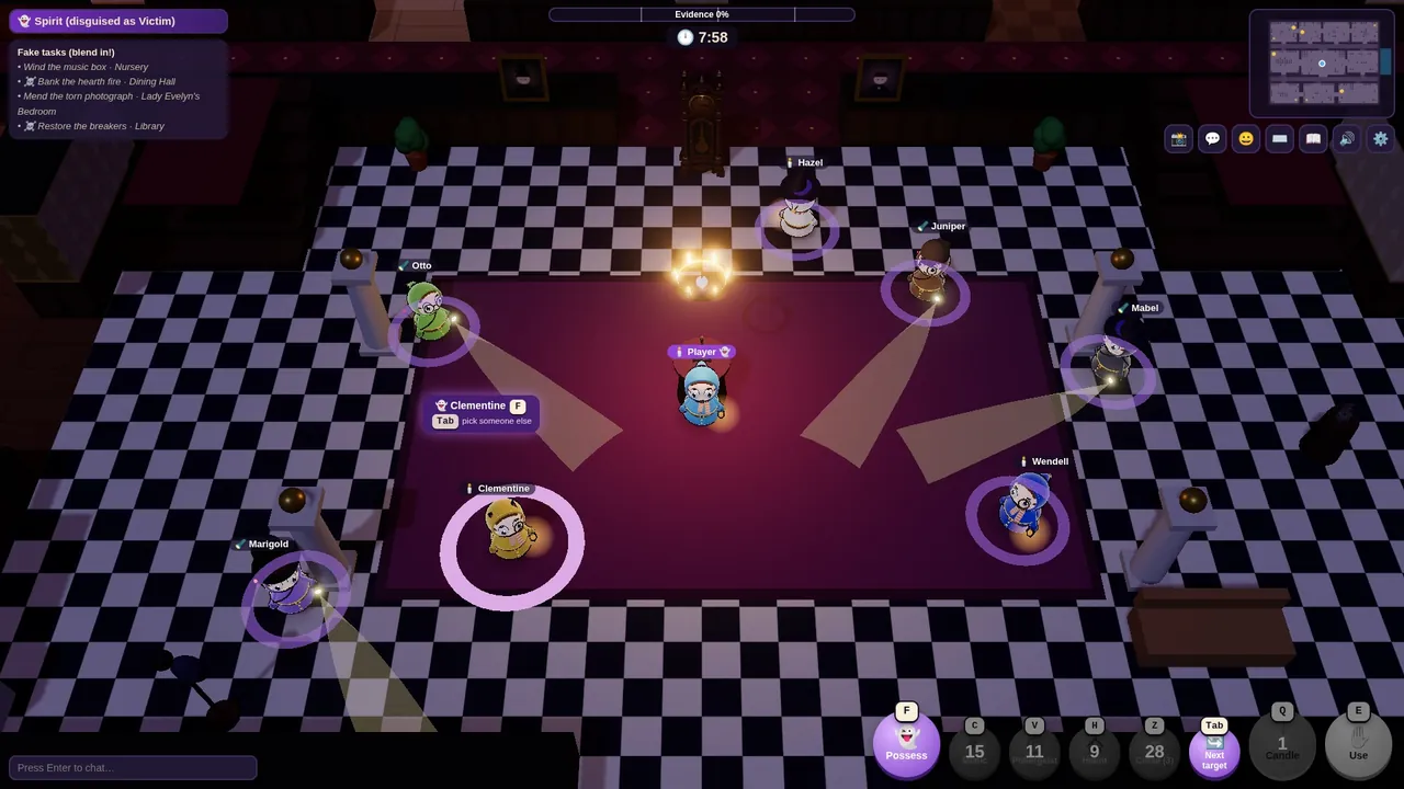 Ten players in Hollowmere Manor while the Spirit, disguised as a Victim, picks who to possess